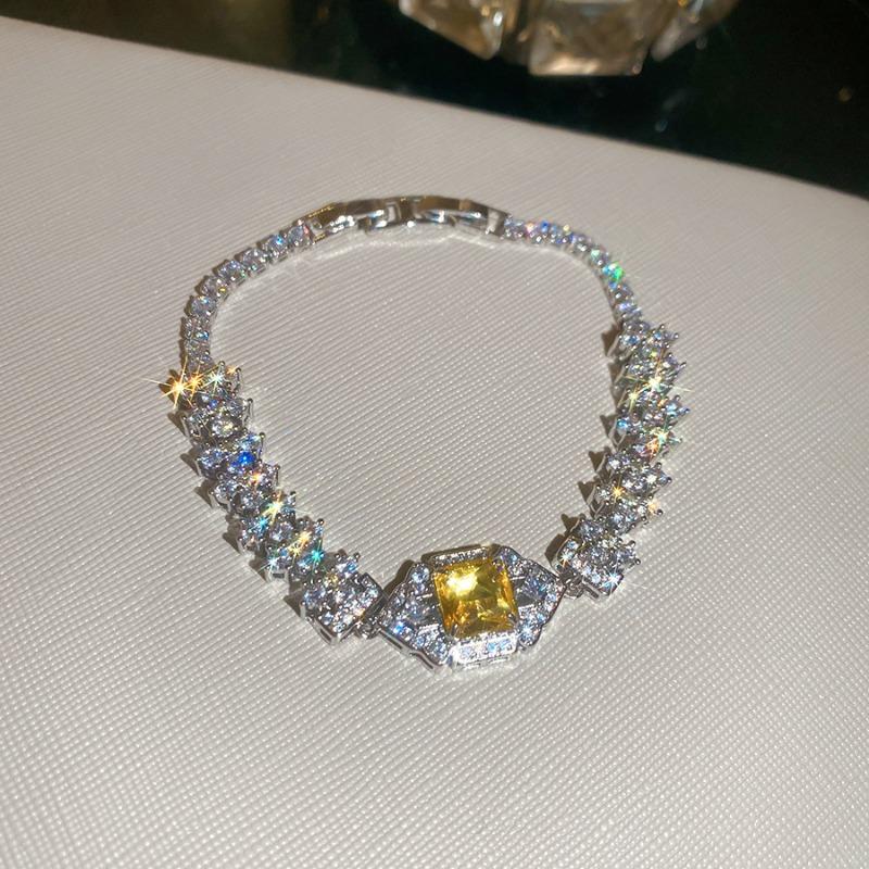 Sparkling zircon square bracelet necklace stud earrings set light luxury high-end exquisite dress banquet temperament jewelry women