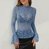 Damen Tops Stehkragen Ausgestellt Langarm Slim Fit Shirt Einfarbig Durchsichtig Hohl Stickerei Spitze Blumenmuster Tops