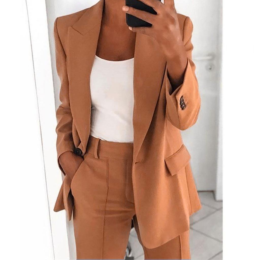 Dámský ležérní jednobarevný klopový Cardigan Suit s dlouhým rukávem Bunda Kalhoty Oblek