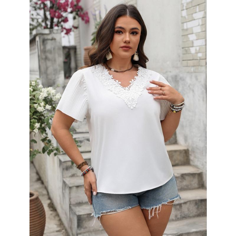 

Весна/лето Женский топ V-образный вырез Вышивка Повседневный однотонный топ с короткими рукавами XXXXL белый