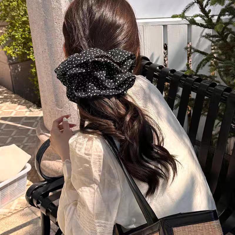 Korean-Style Extra Large Polka Dot Satin Scrunchie with Ruffle Hem - Women's High-End Elastic Hair Accessory