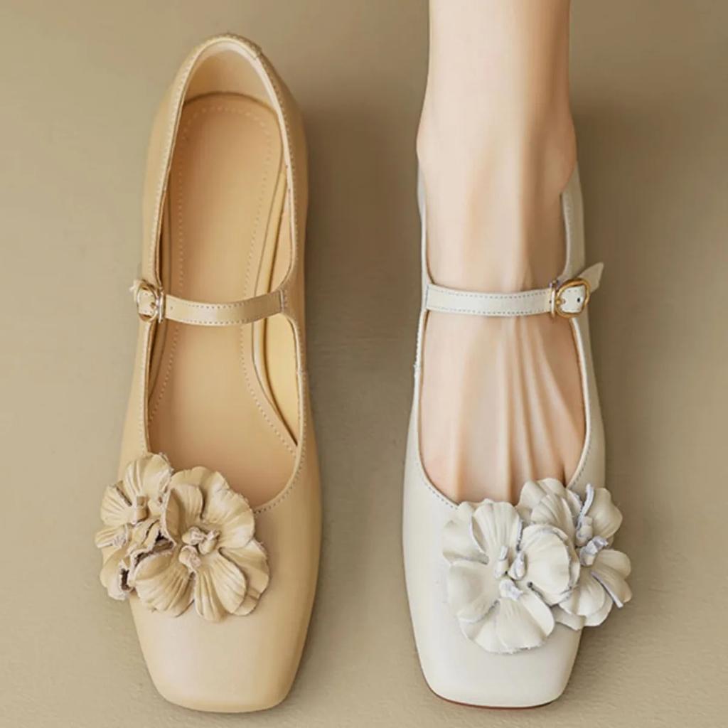 Fashion Ladies Spring Floral Mary Jones Shoes Elegant Low Heel Ladies Party Sweet Silver Beige Heels