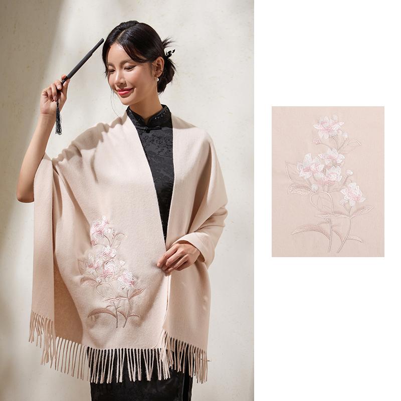 

100% Wool Scarves Women Winter Large Shawl Wraps Beige Pashmina Warm Chinese Suzhou Embroidery Red Neck Scarf Echarpe Femme 200X70cm