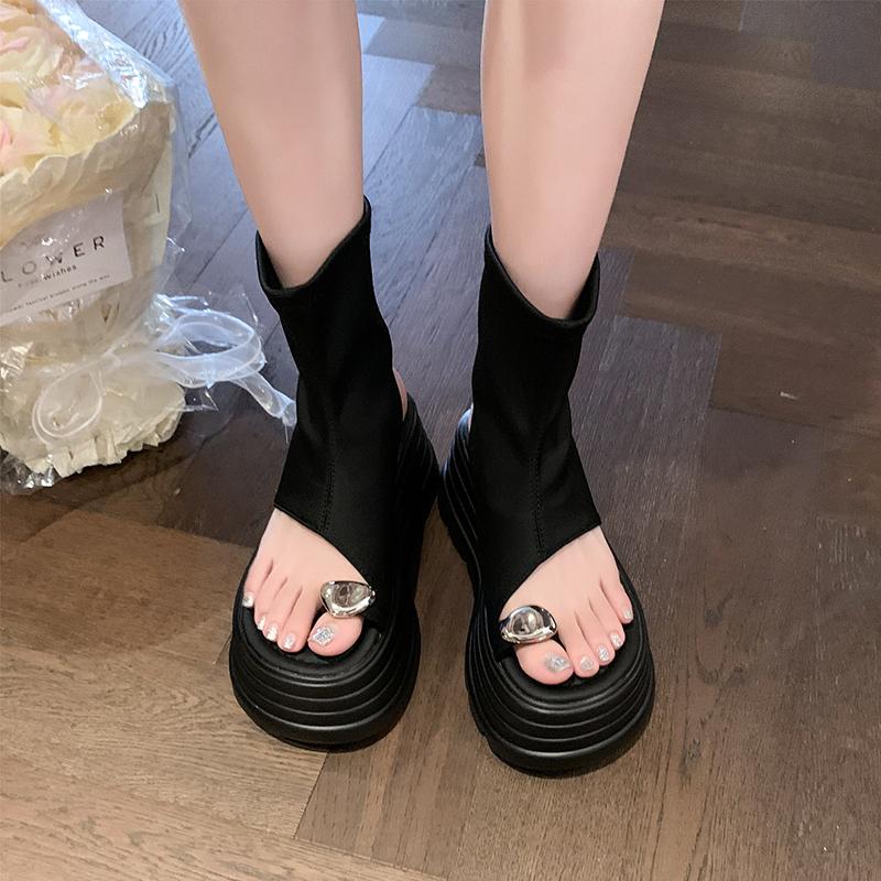 Fashion 8.5cm Ankle Boots Stretch Fabric Ankle Booties Fashion Ladies Summer Women Shoes Platform Wedge Flats Sandals Leather Peep Toe