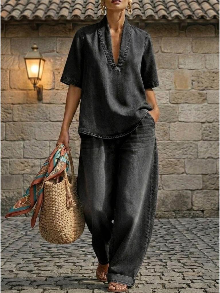 2026 Europäisches & Amerikanisches Sommer Damen Minimalistisches Denim Zweiteiler-Set - Locker, Lässig, Einfarbige Farbe, Bequemer Stil