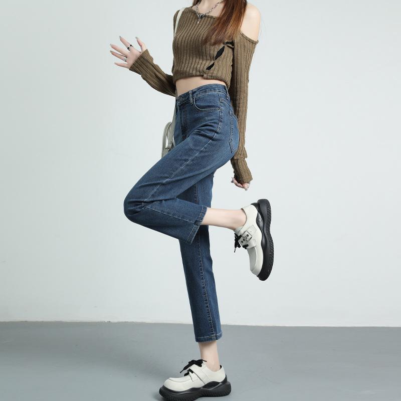 Straight Jeans for Women with High Waist Slim French Stretch Nine-point Pants for Women In Autumn and Winter Loose Light Blue Retro Blue