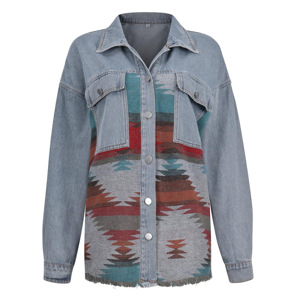 Women Loose Casual Denim Jacket Female Jacket Long Sleeve Black Trim Coat With Pockets