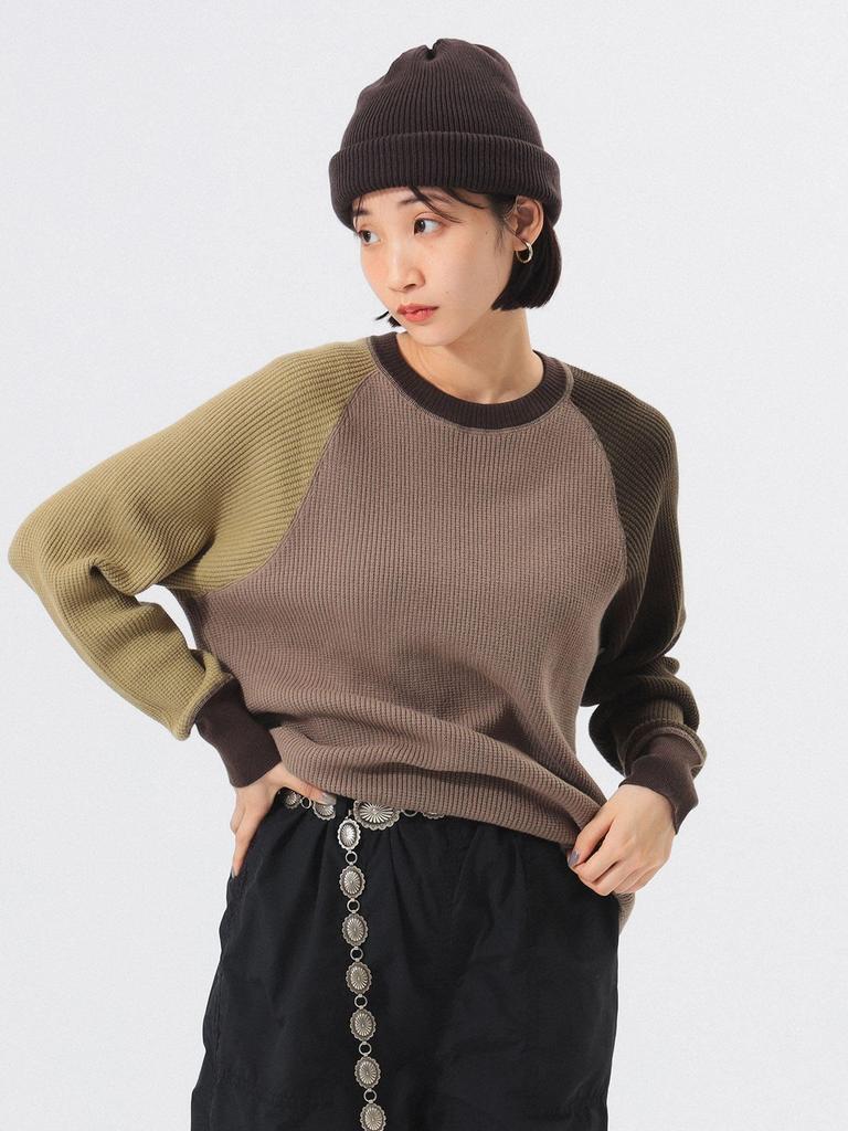 Beams Boy Women's 14 Gauge Waffle Crew Knit, Olive Free