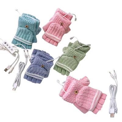 Guantes USB Calentados de Medio Dedo con Tapa Protectora para el Frío y Calidez al Montar y Conducir de Lana Tejida Lindos para Estudiantes de Secundaria