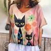 Retro T-shirt Women's V-neck Cartoon Cat Summer Casual Fashion Short Sleeve Tops Harajuku Wind T-shirt OverSize Women's Clothing