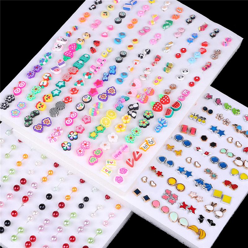 100Pairs Acrylic Crystal Heart Star Moon Small Stud Earrings Set For Women Girl Animal Flower Plastic Earring Trend Jewelry