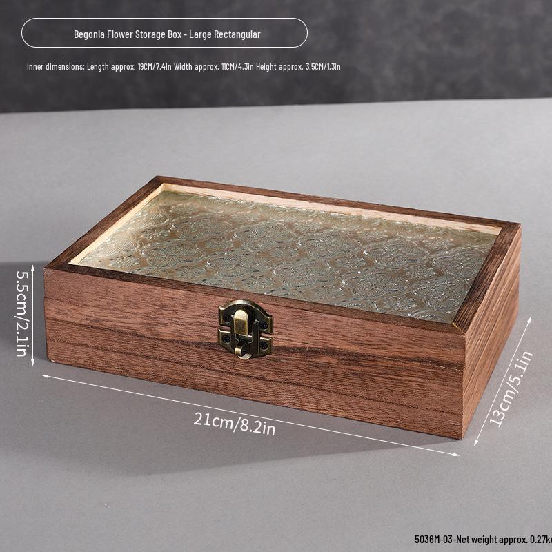 Retro Begonia Glass Lid Wooden Storage Box for Cosmetics, Snacks, Candy, and Documents - Dustproof and Multifunctional