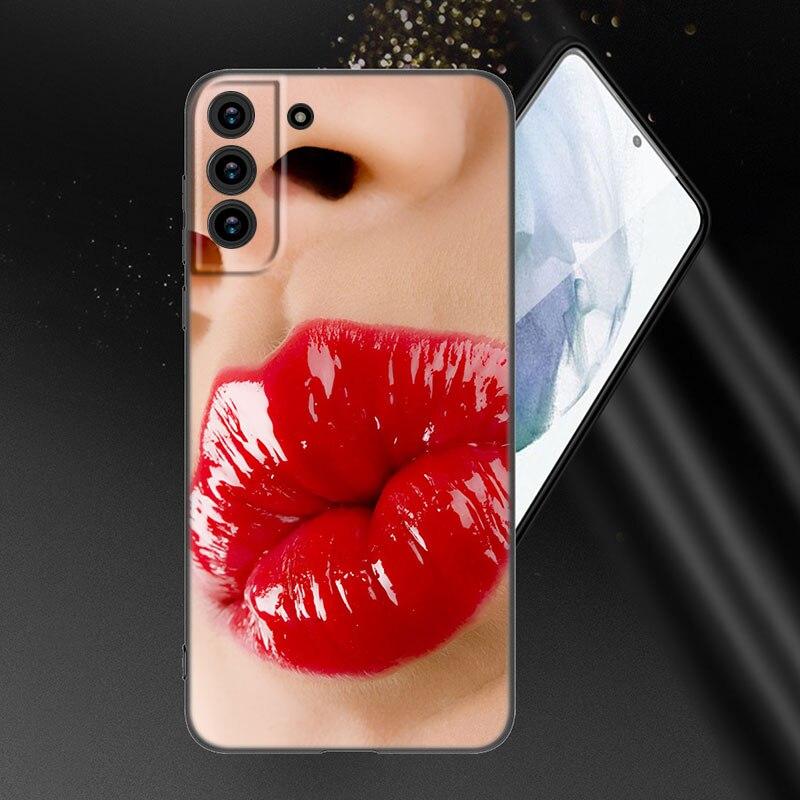 Beauty Red Lips Phone Case For Samsung Galaxy S20 S21 FE S22 Ultra S10 Lite S10E S9 S8 Plus S7 Edge Soft TPU Black Cover