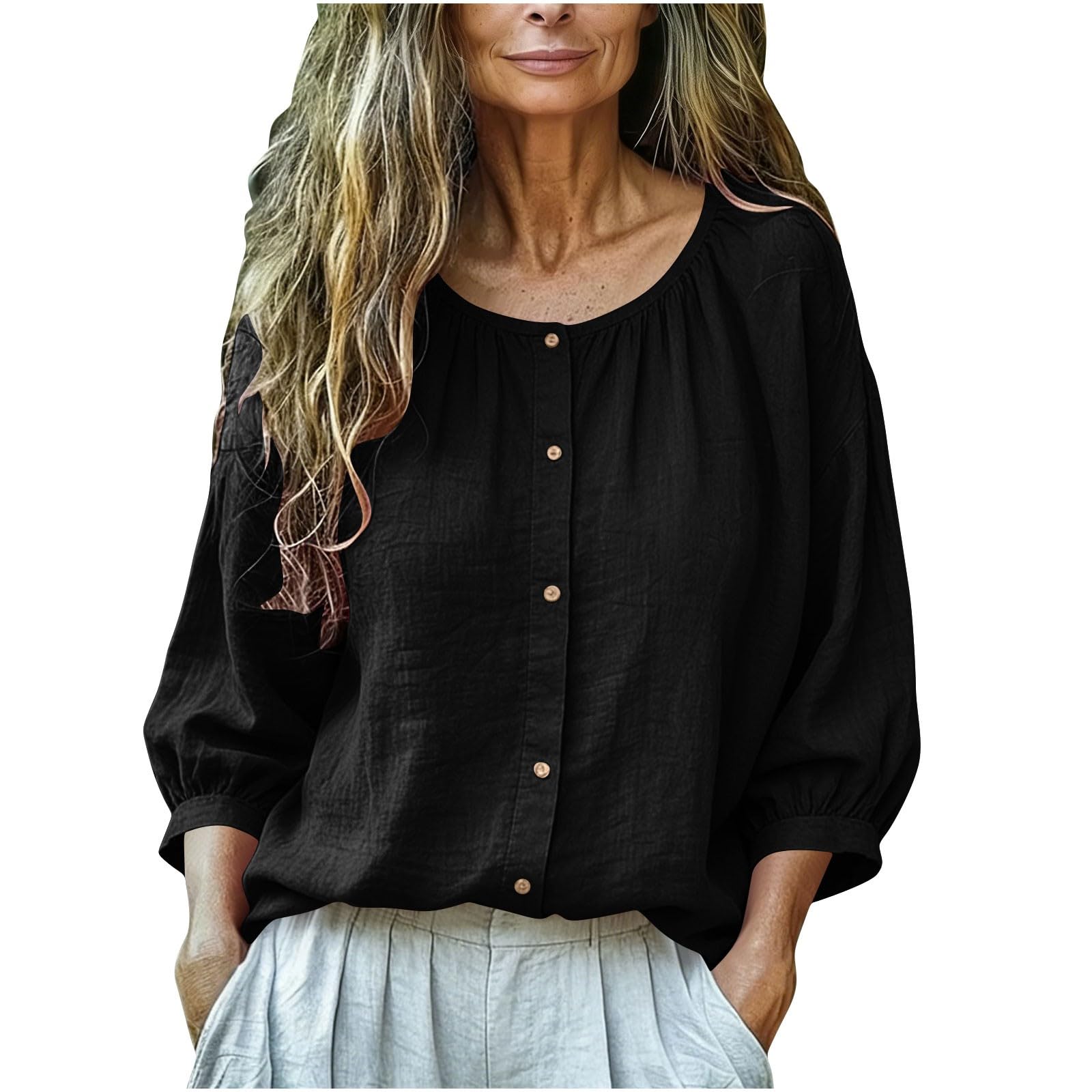 

Women s Ffashionable Color Round Neck Seven Quarter Sleeve Loose Pullover Top M чорний