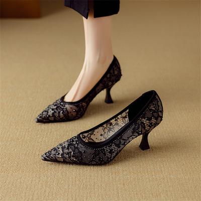 Moda Novo Tecido Primavera/Verão Sapatos Baixos para Mulheres Moda Renda Malha Bico Fino Sapatos de Salto Alto Respiráveis Amarelo-Alperce Preto