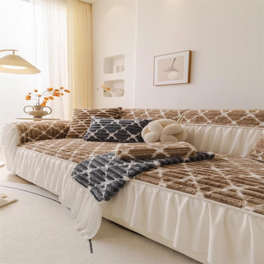 

Cream Style Rabbit Plush Sofa Cushion Autumn and Winter Cloth Towel Non-Slip Cushion Winter Sofa Cover High-Level Seat Cushion 30x50cm pillowcase