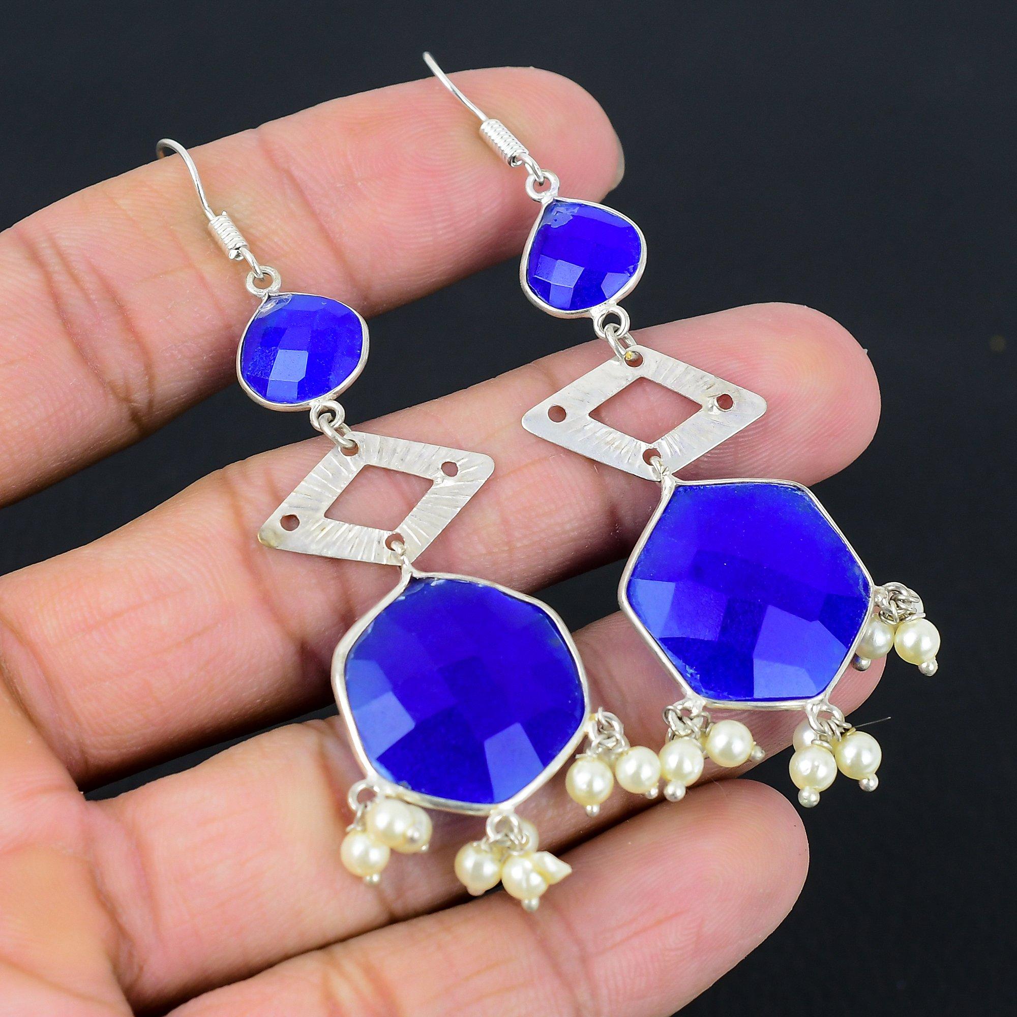 

925 Silver Natural Blue Sapphire Artisan Hook Dangle Drop Daughter New Earrings