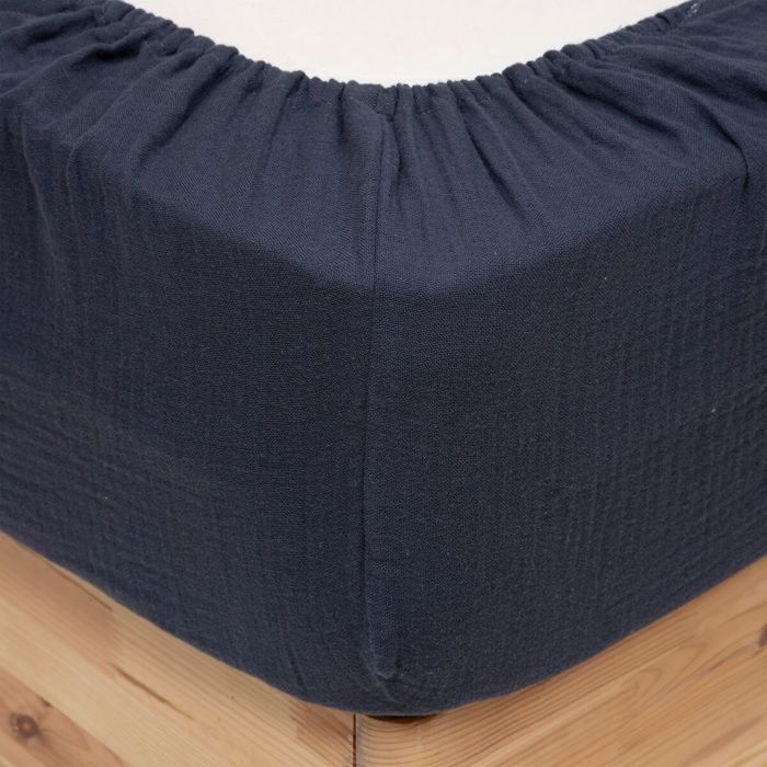 Drap Housse - Gaze De Coton - Bleu - 140 X 190 Cm - Bonnet 30 Cm - Lavable En Machine