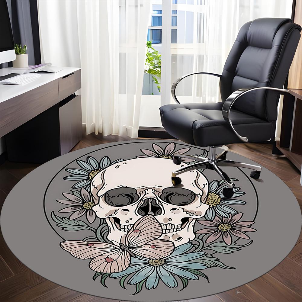 1pc Skull Flowers Office Round Area Rug, Under Office Chairs Bedroom Living Room Home Decor, Room Deco