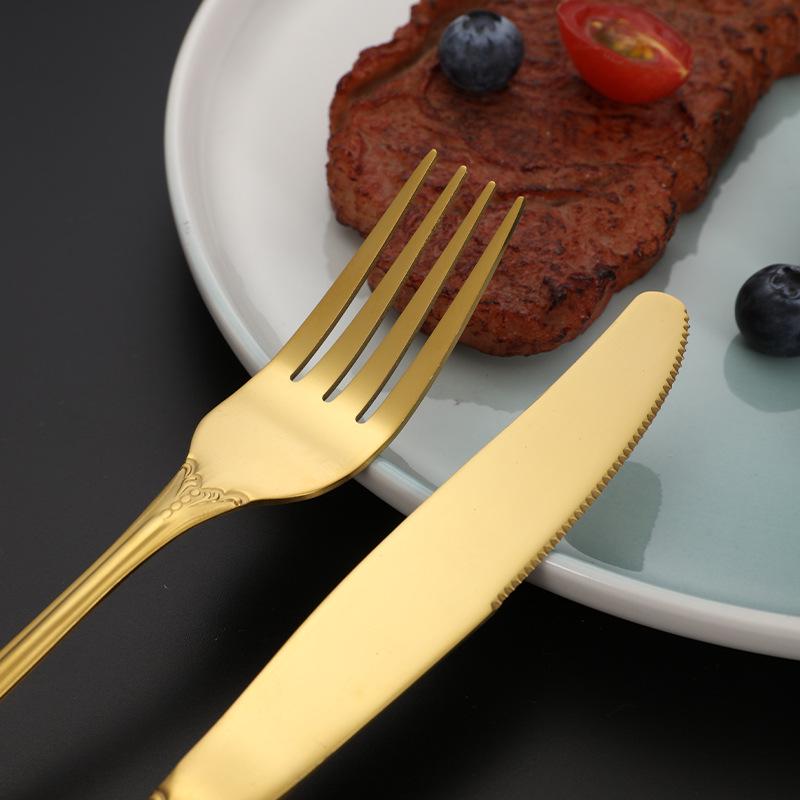 Royal Court 5-Piece Cutlery Set: Vintage Titanium-Plated Gold Stainless Steel Knife, Fork & Spoon with Embossed Hollow Design.