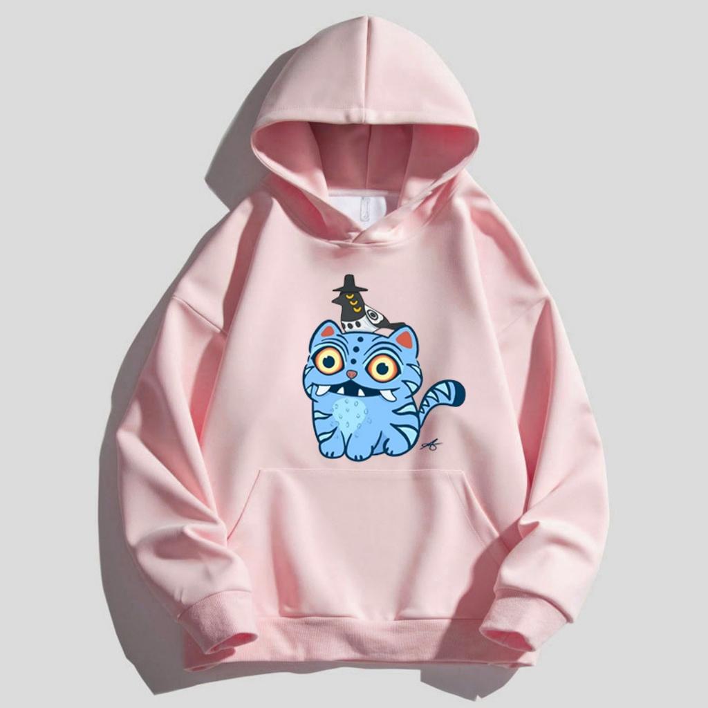 Children's Kpop Style Hooded Sweatshirt with Cute Tiger and Crow Cartoon Girl Hoodies on Top