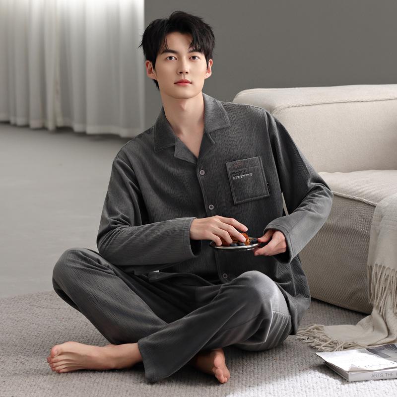 Island Velvet Pajamas Men'S Autumn And Winter Thickened Long-Sleeved Casual Warm Winter Thin Velvet Loungewear Set