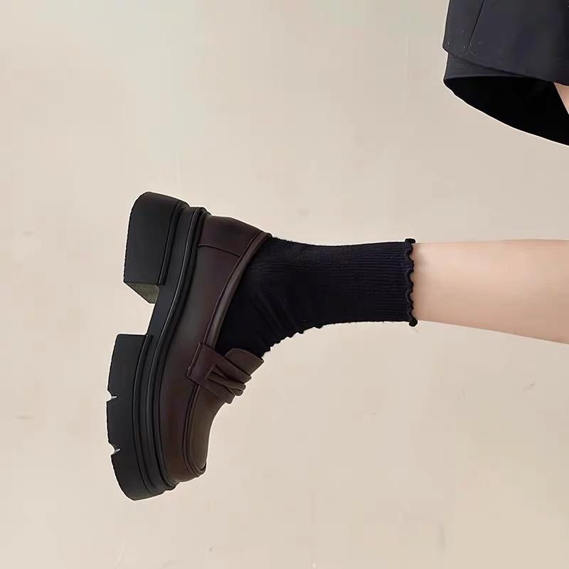 Platform thick heel British style small leather shoes New autumn shoes black