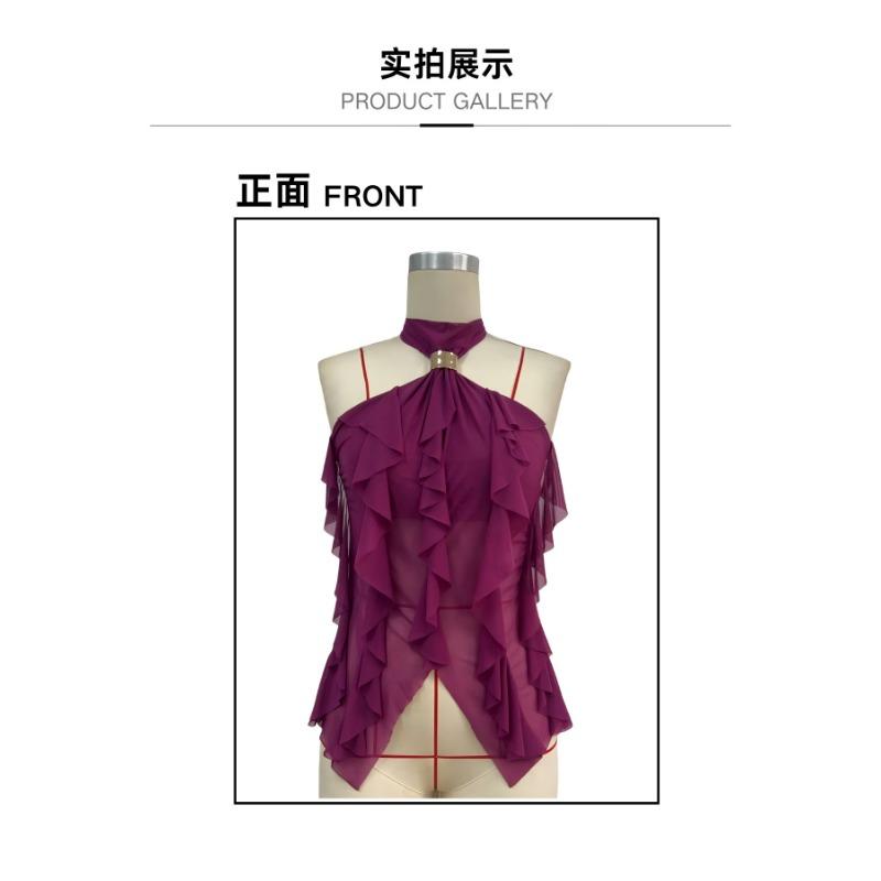 Purple Halter Mesh Ruffled Off Shoulder Sleeveless Sexy Women Casual Top