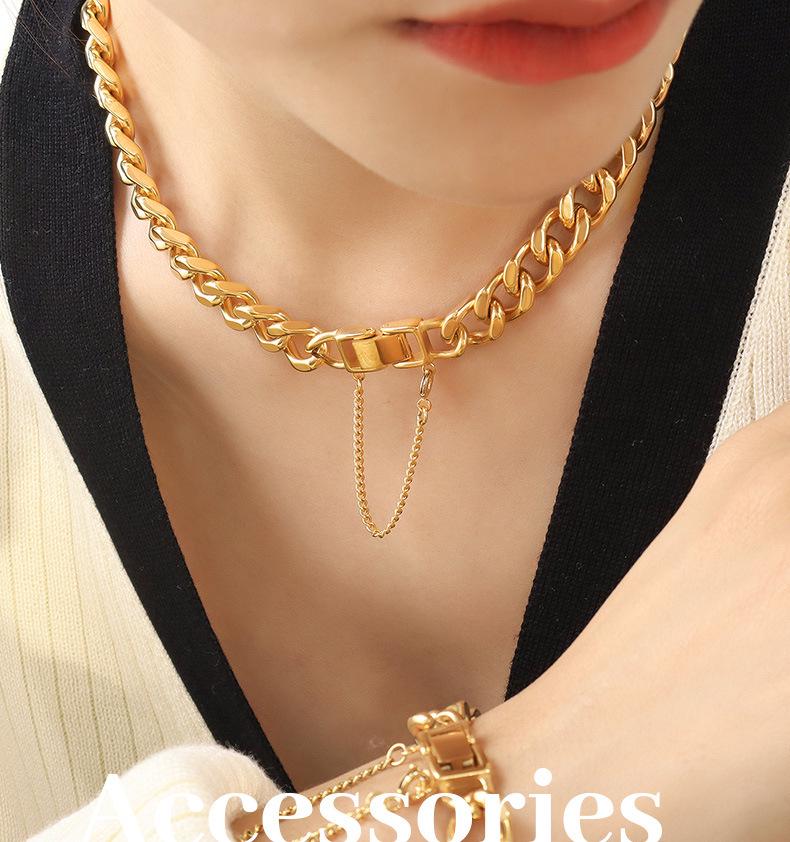 Exaggerated 18K Gold-Plated Titanium Steel Cuban Necklace & Bracelet Set - European/American Hip Hop Style