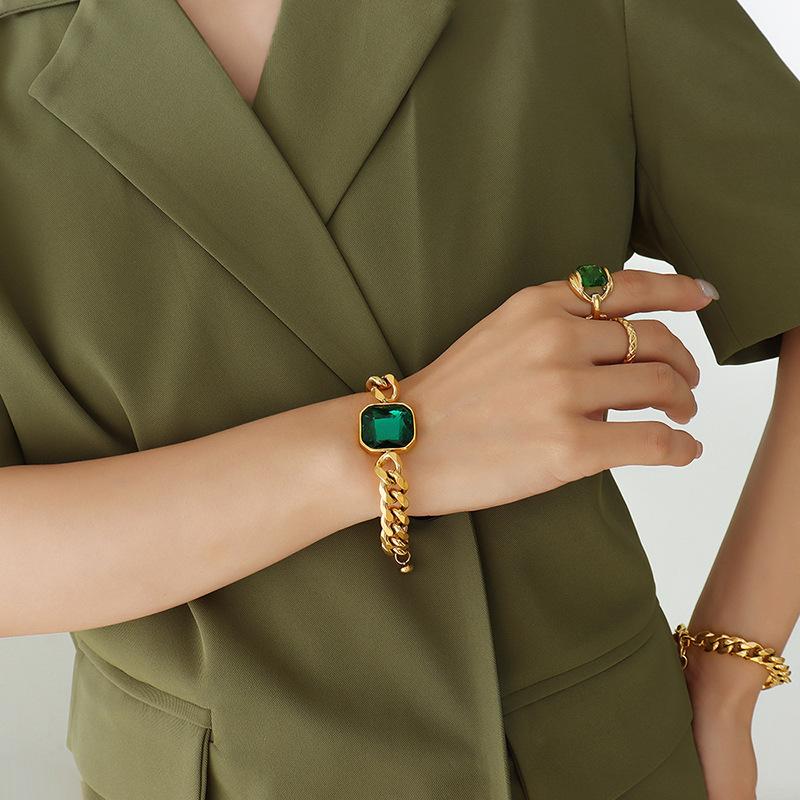 Retro Exaggerated Personality Crystal Stone Necklace Titanium Steel Chain Thick Chain Bracelet Women'S Chain Temperament