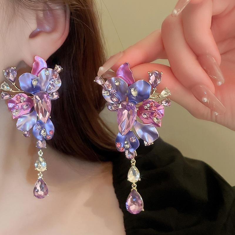 Silver needle fabric rice bead chiffon flower beaded fringed earrings super fairy sweet temperament stud earrings niche design earrings