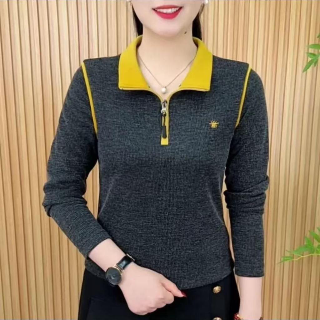 Spring & Autumn Half-Zip Color Block Embroidered Slimming Women's T-shirt