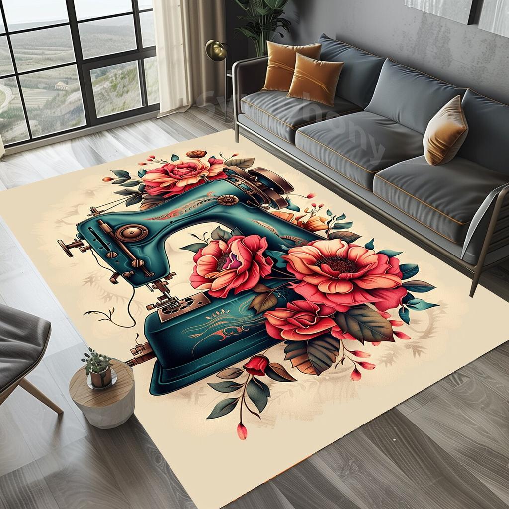 Vintage Sewing Machine Design Area Rug Non-Slip Flannel Carpet for Home Office Living Room Bedroom Decor Floor Mat
