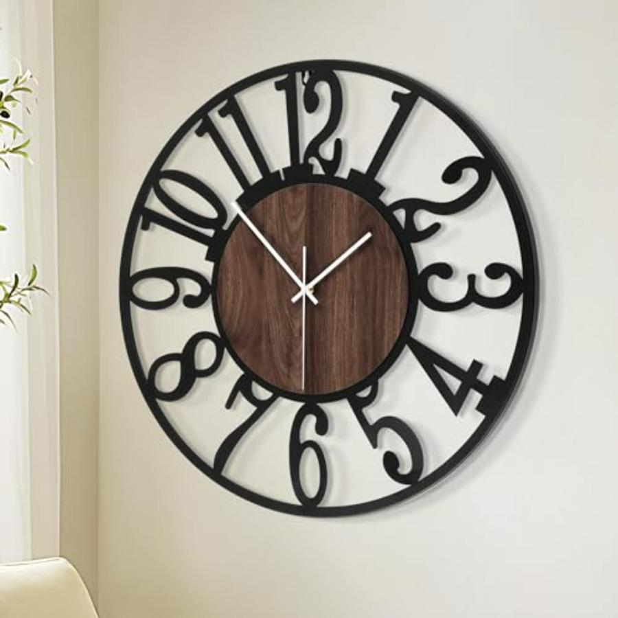 Large Wall Clock for Living Room Decor- 32 Decorative Antique Silent Little Ticking Battery Operated Black Metal Wood Clocks fo