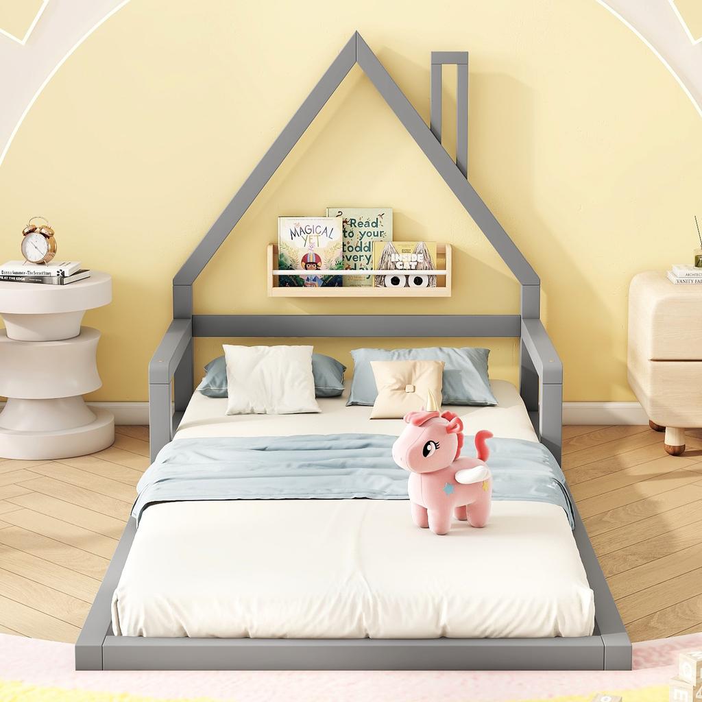 90*200cm Children's Bed, Low Bed, House Shape, Solid Pine, Simple Design, Gray
