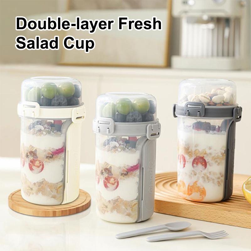 600Ml Salad Oatmeal Cup Breakfast Double Cup Cereal Nut Yogurt Container Set With Dressing Holder Fork Meal Preparation