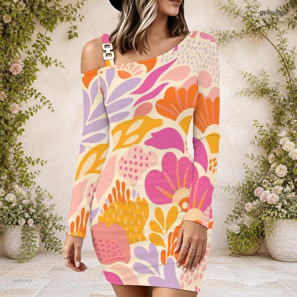 Ladies Plus Size Asymmetric Diagonal Shoulder Long Sleeve Dress