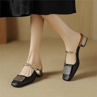 Fashion National Style High-heeled Sandals Slippers Female 2024 Printing Baotou Half Drag Summer Fashion Versatile Mary Jane Shoes Heels