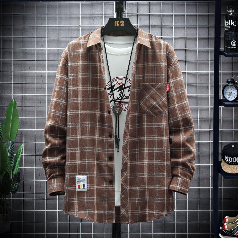 Spring Autumn Men's Long-sleeved Lapel Plaid Shirt Men's Versatile Retro Casual Shirt Blouse Jacket Men's Striped Plaid Shirt