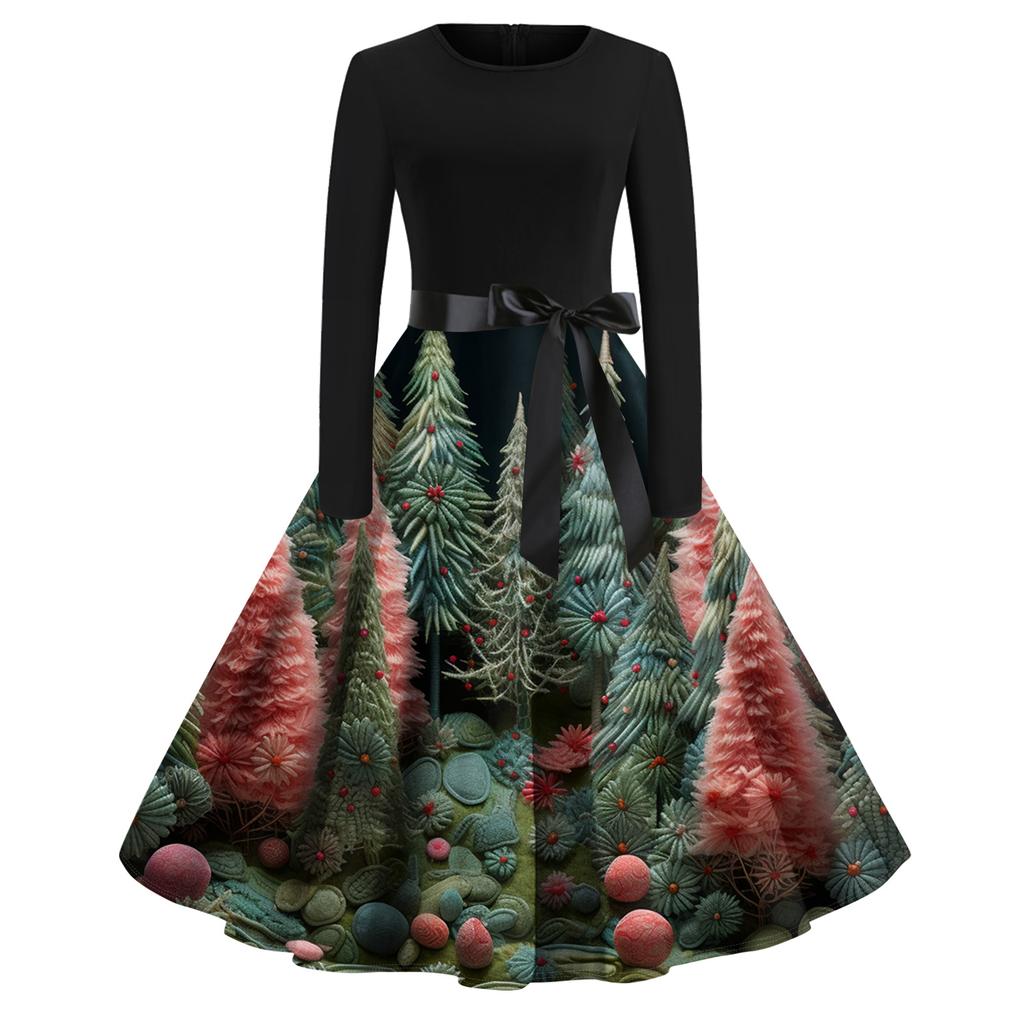 Women's Fashion Round Casual Slim Fit Christmas Print Large Swing Long Sleeve Dress