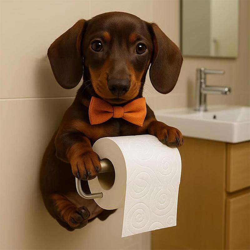 Cute Dog Toilet Paper Holder Wall Mount Resin Dog Roll Paper Organizer Bathroom Kitchen Paper Towel Tissue Dispenser Decoration
