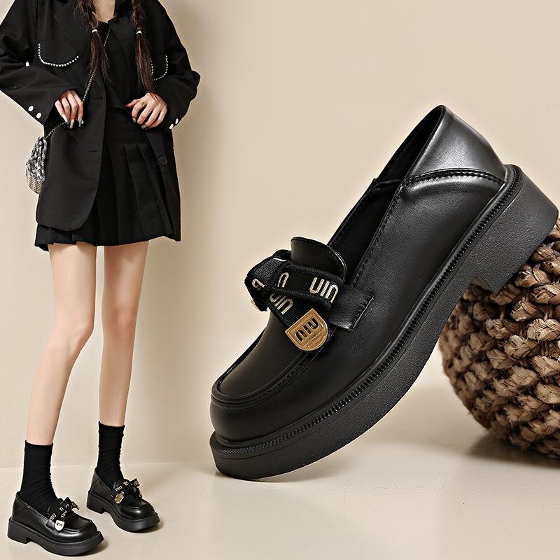 Fashion Soft-soled Platform Loafers Women's Autumn 2025 New Thick-heeled Bow One-pedal Small Leather Shoes