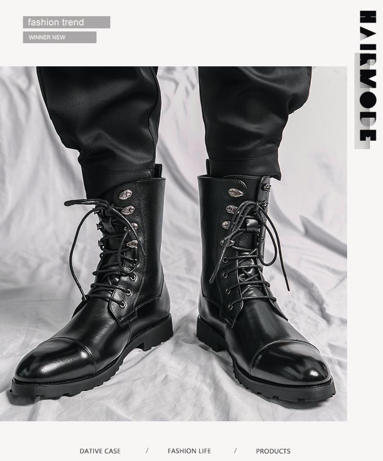 Herbst/Winter Übergröße Schnür-Stiefeletten - Europäische & Amerikanische Schwarze Motorrad-Denim & Business-Lederstiefel