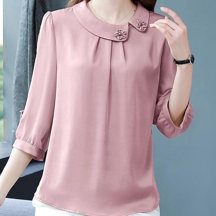 Women's Spring and Autumn Plus Size Thin Section Round Neck Seven Quarter Sleeve Solid Colour Casual Loose Breathable Comfortable Shirt
