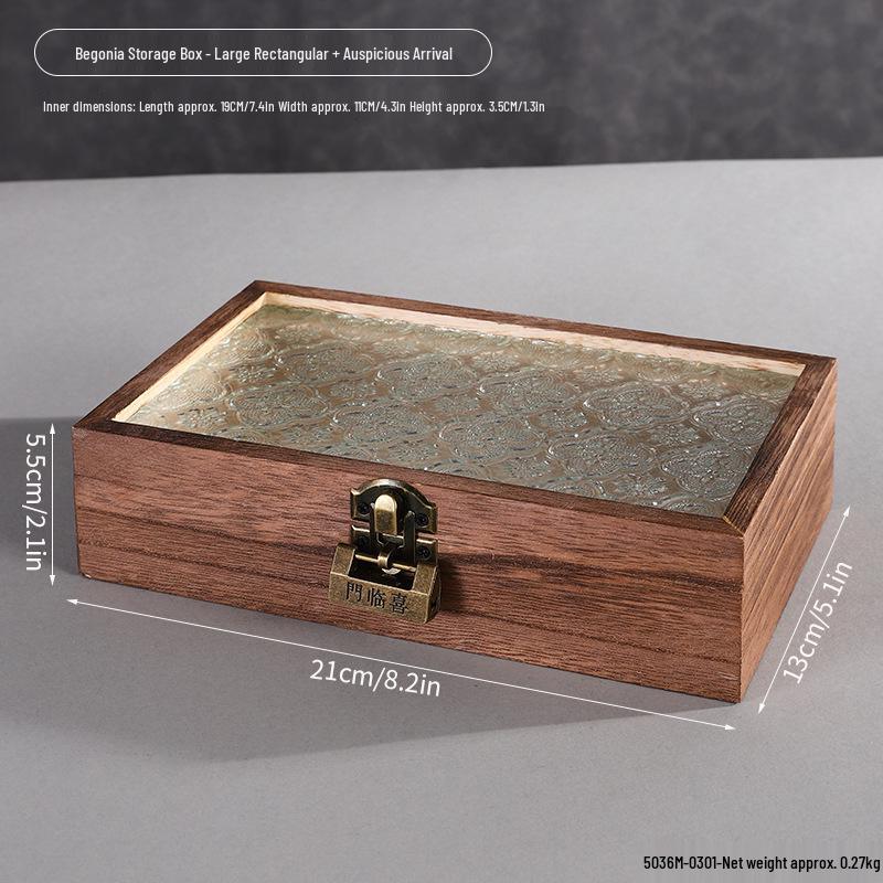 Retro Begonia Glass Lid Wooden Storage Box for Cosmetics, Snacks, Candy, and Documents - Dustproof and Multifunctional