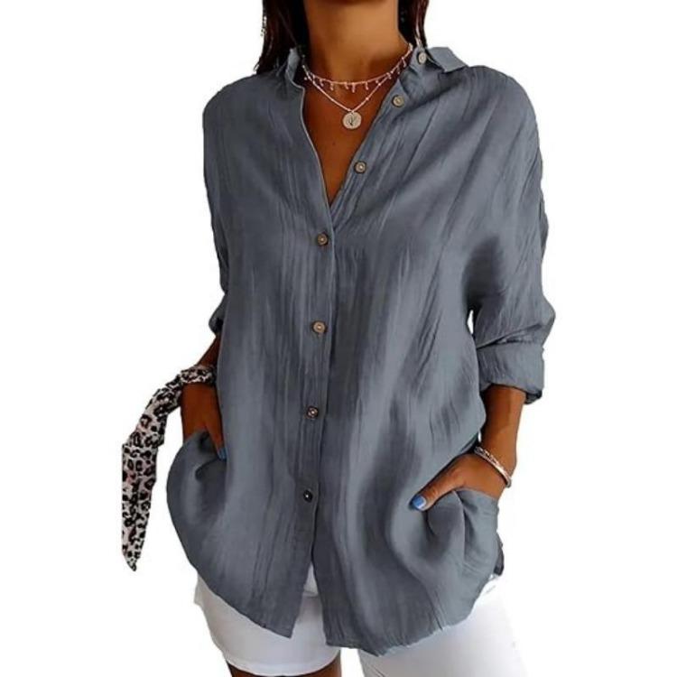 European Style Women Solid Pleated Shirt with Lapel and Roll Up Sleeves