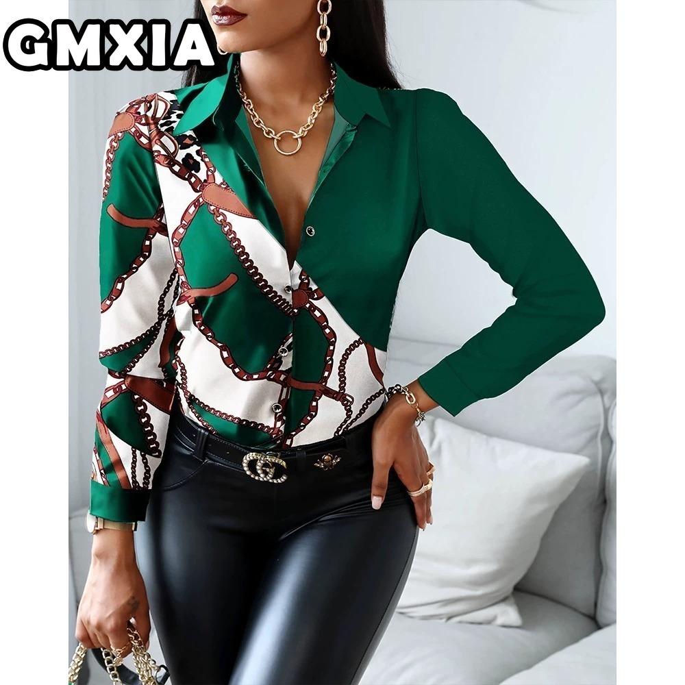 GMXIA Damenmode Lässig Freizeit Einfarbig Druck Langarm POLO Kragen Blusen & Hemden