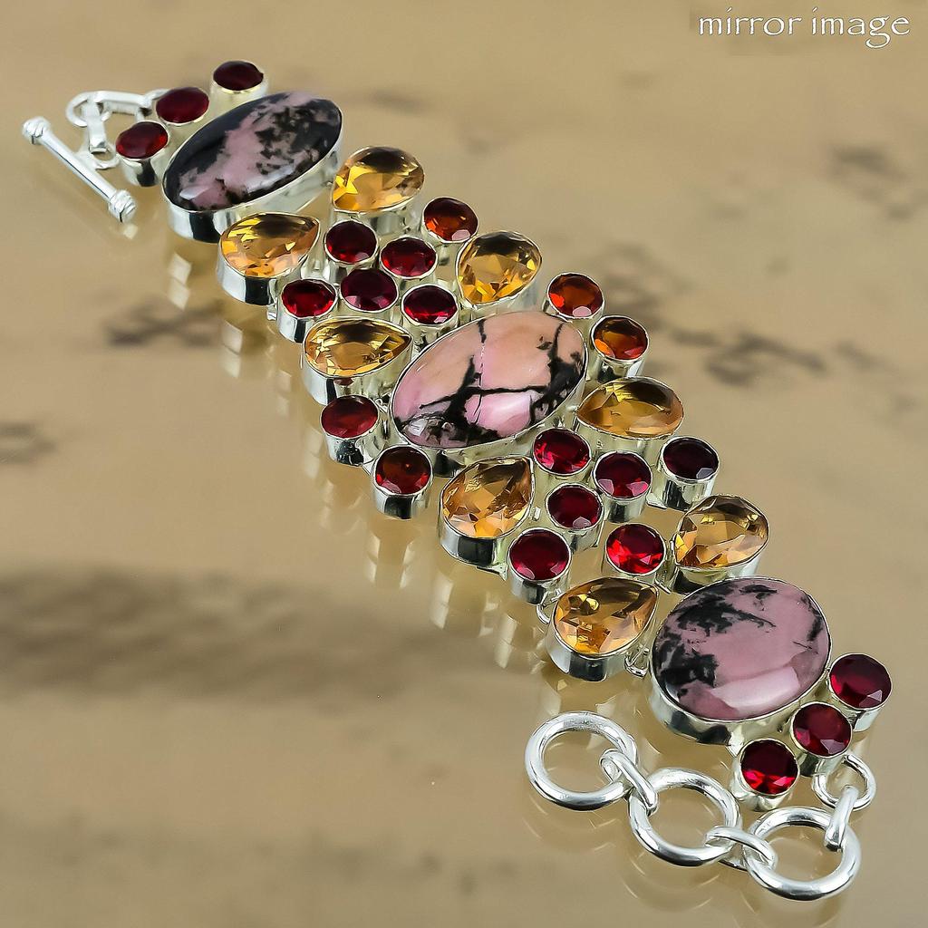 Wedding Gift For Her 925 Silver Natural Rhodonite Chain Adjustable Bracelet