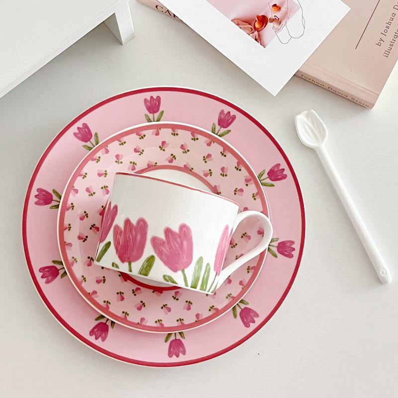 Slow As Old - Pink Tulip Ceramic Coffee Cup And Saucer Set Korean French Afternoon Tea Premium Cup