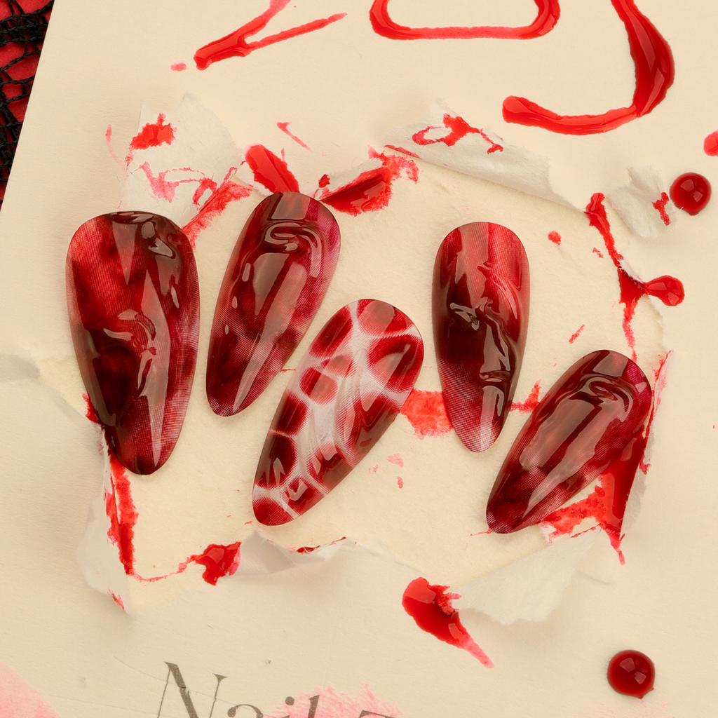 European and American Popular Halloween Short Almond Manicure 3D Blood Red Smudge Nails Fake Nails